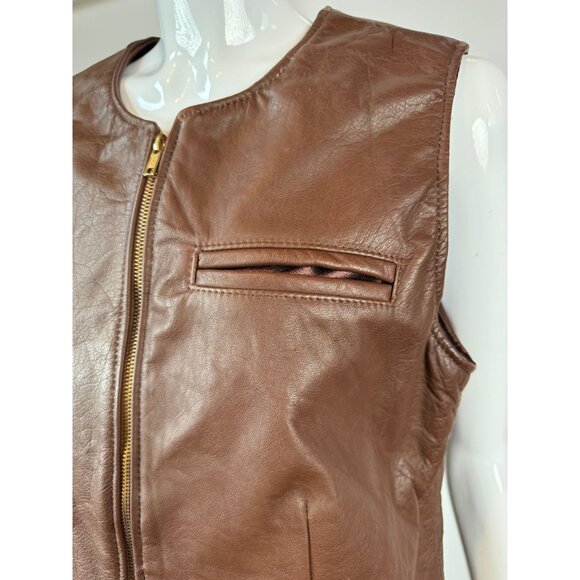 Ellen Kreager Brown Leather Womens Vest With Front Zipper & Chest Pocket Large - Picture 2 of 16